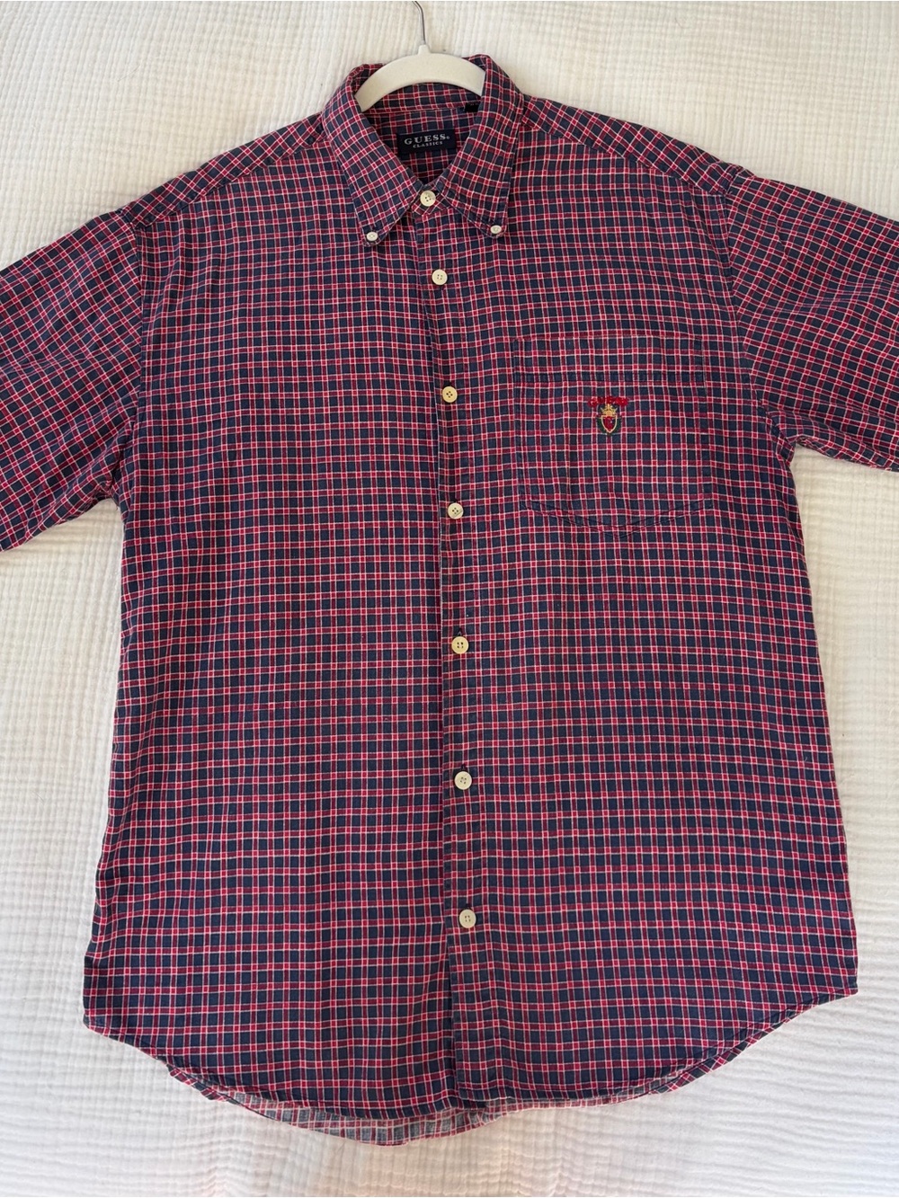 Vintage 90s Guess Red & Navy Plaid Short-Sleeve Button-Down Shirt